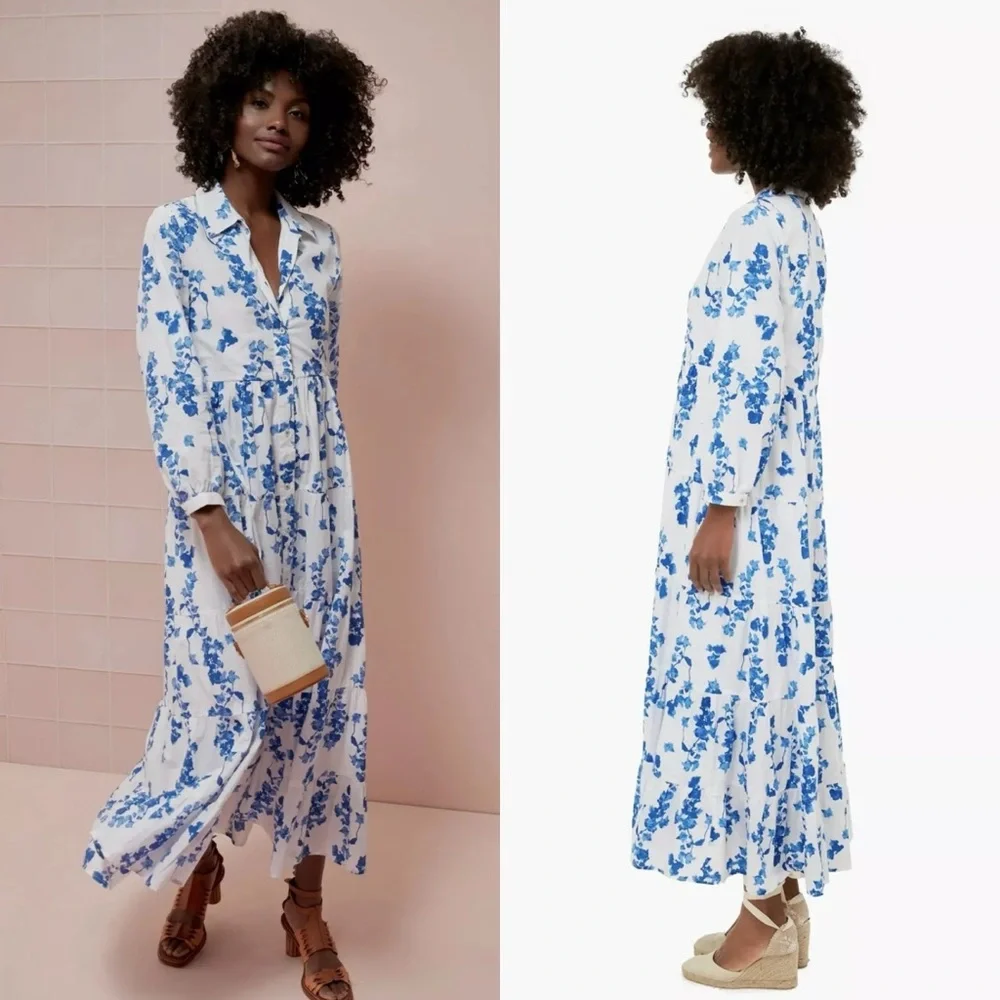 Ro’s Garden | Jinette Floral Cotton Tiered Maxi Shirtdress in Ines Blue Small - Picture 8 of 8